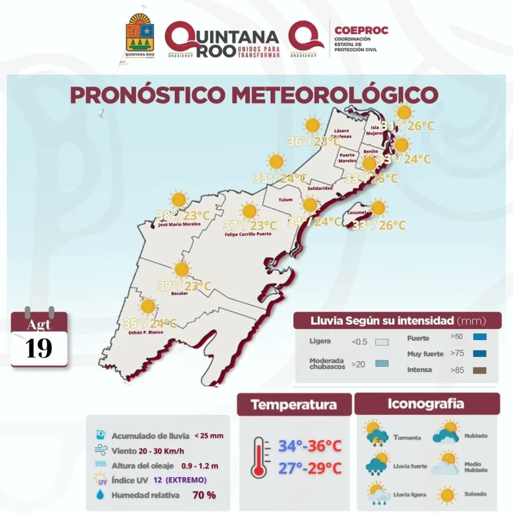 #QuintanaRoo Temperatura bochornosa y lluvias aisladas para Quintana&nbsp;Roo