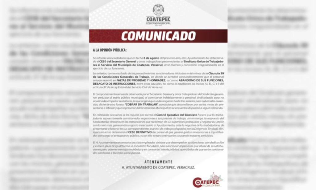#Veracruz Cesan a dirigente de Sindicato de Empleados Municipales de&nbsp;Coatepec