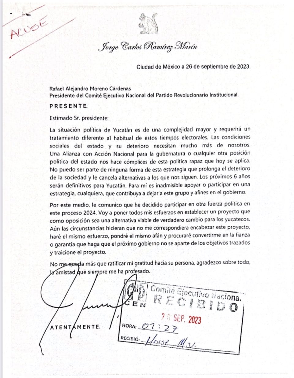 #Yucatán Hace publica su renuncia a las filas del #PRI  el senador  #JorgeCarlosRamírezMarín