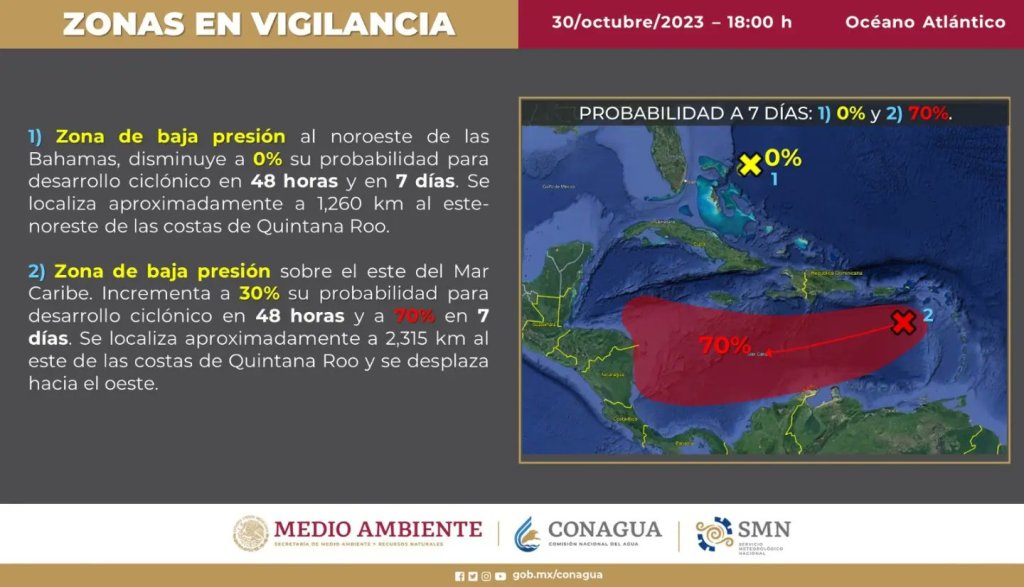 #QuintanaRoo Vigilan zona de baja presión en el Mar Caribe con probabilidad de desarrollo&nbsp;ciclónico