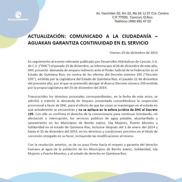 #QuintanaRoo Se ampara #Aguakan para mantener concesión de agua&nbsp;potable